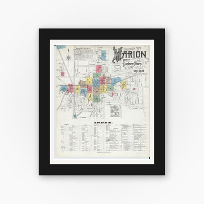 Old map wall art mockup — black gallery frame with white mat — Sanborn Fire Insurance Map from Marion, Marion County, Ohio (1900), Sheet #0001
