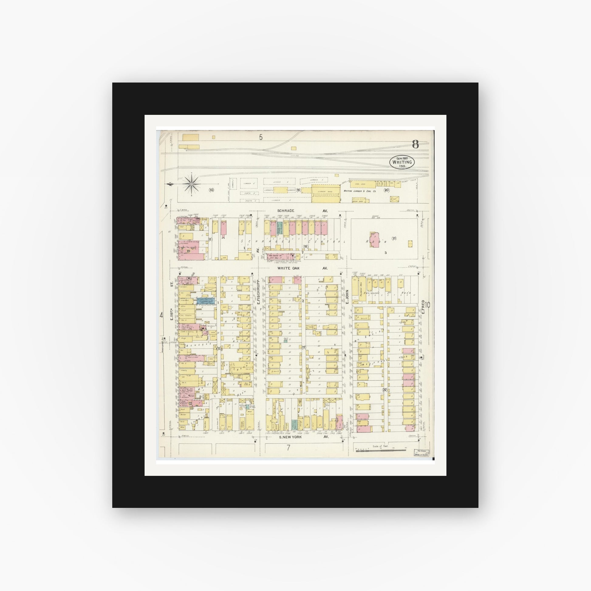 Old map wall art mockup — black gallery frame with white mat — Sanborn Fire Insurance Map from Whiting, Lake County, Indiana (1907), Sheet #0008