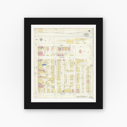 Old map wall art mockup — black gallery frame with white mat — Sanborn Fire Insurance Map from Whiting, Lake County, Indiana (1907), Sheet #0008