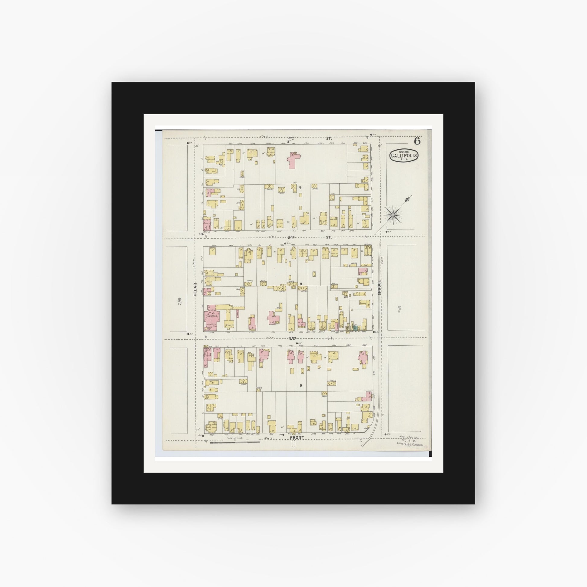 Old map wall art mockup — black gallery frame with white mat — Sanborn Fire Insurance Map from Gallipolis, Gallia County, Ohio (1895), Sheet #0006