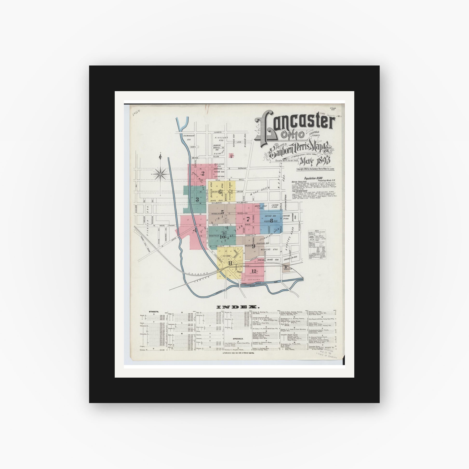 Old map wall art mockup — black gallery frame with white mat — Sanborn Fire Insurance Map from Lancaster, Fairfield County, Ohio (1893), Sheet #0001