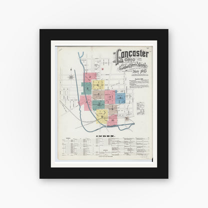 Old map wall art mockup — black gallery frame with white mat — Sanborn Fire Insurance Map from Lancaster, Fairfield County, Ohio (1893), Sheet #0001