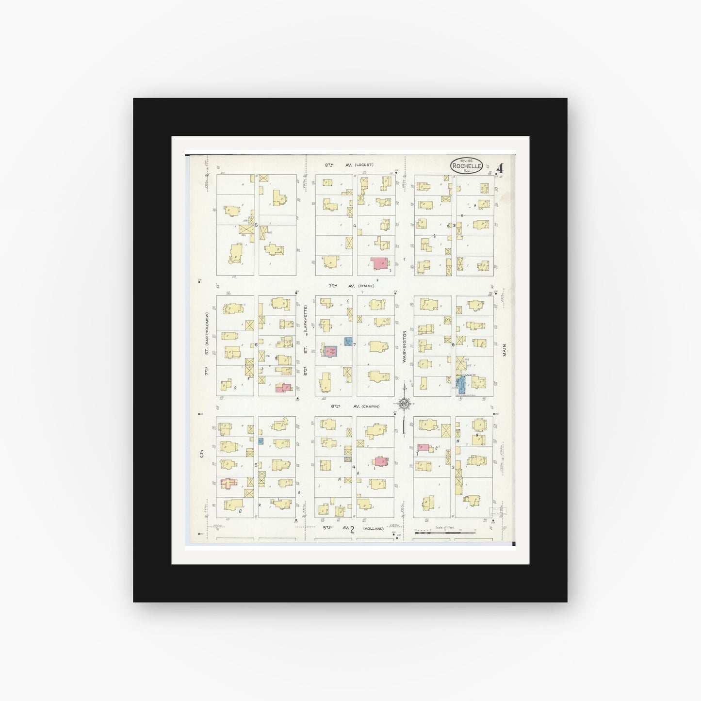 Old map wall art mockup — black gallery frame with white mat — Sanborn Fire Insurance Map from Rochelle, Ogle County, Illinois (1912), Sheet #0004