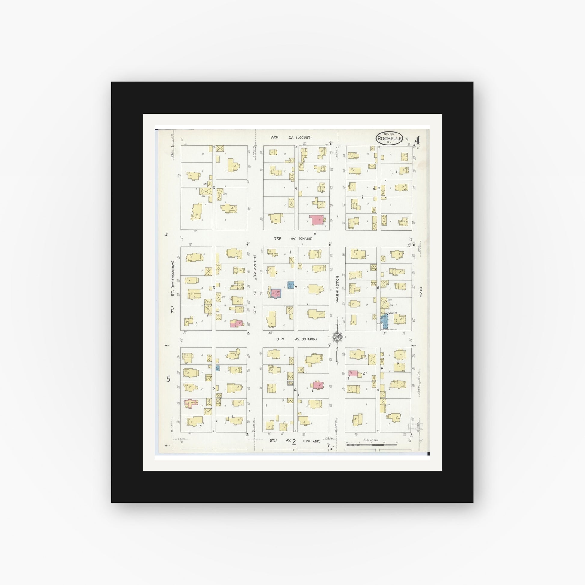 Old map wall art mockup — black gallery frame with white mat — Sanborn Fire Insurance Map from Rochelle, Ogle County, Illinois (1912), Sheet #0004