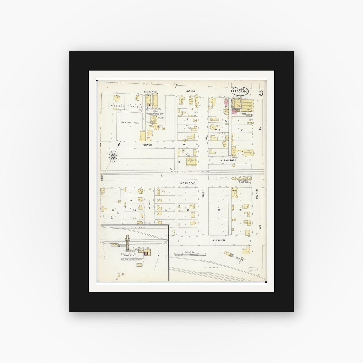 Old map wall art mockup — black gallery frame with white mat — Sanborn Fire Insurance Map from Eldorado, Saline County, Illinois (1907), Sheet #0003