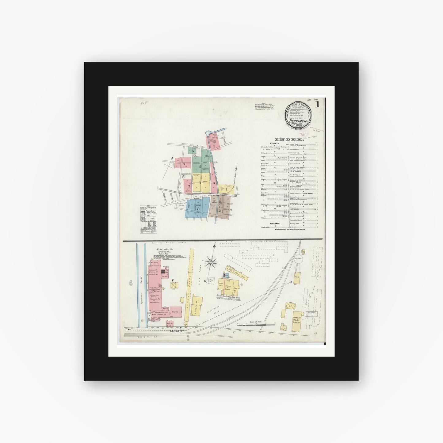 Old map wall art mockup — black gallery frame with white mat — Sanborn Fire Insurance Map from Herkimer, Herkimer County, New York (1895) - Complete Map Set