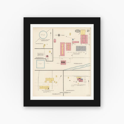 Old map wall art mockup — black gallery frame with white mat — Sanborn Fire Insurance Map from Bedford, Lawrence County, Indiana (1922), Sheet #0027