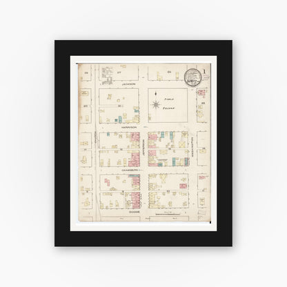 Old map wall art mockup — black gallery frame with white mat — Sanborn Fire Insurance Map from De Witt, Clinton County, Iowa (1886), Sheet #0001