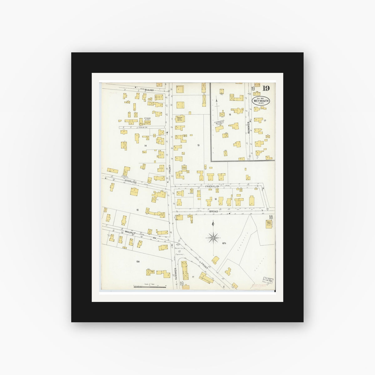 Old map wall art mockup — black gallery frame with white mat — Sanborn Fire Insurance Map from Weymouth, Norfolk County, Massachusetts (1904), Sheet #0019