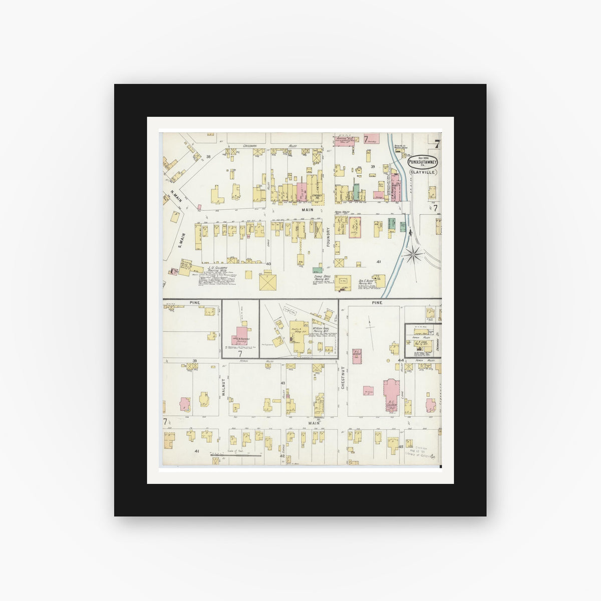 Old map wall art mockup — black gallery frame with white mat — Sanborn Fire Insurance Map from Punxsutawney, Jefferson County, Pennsylvania (1896), Sheet #0007