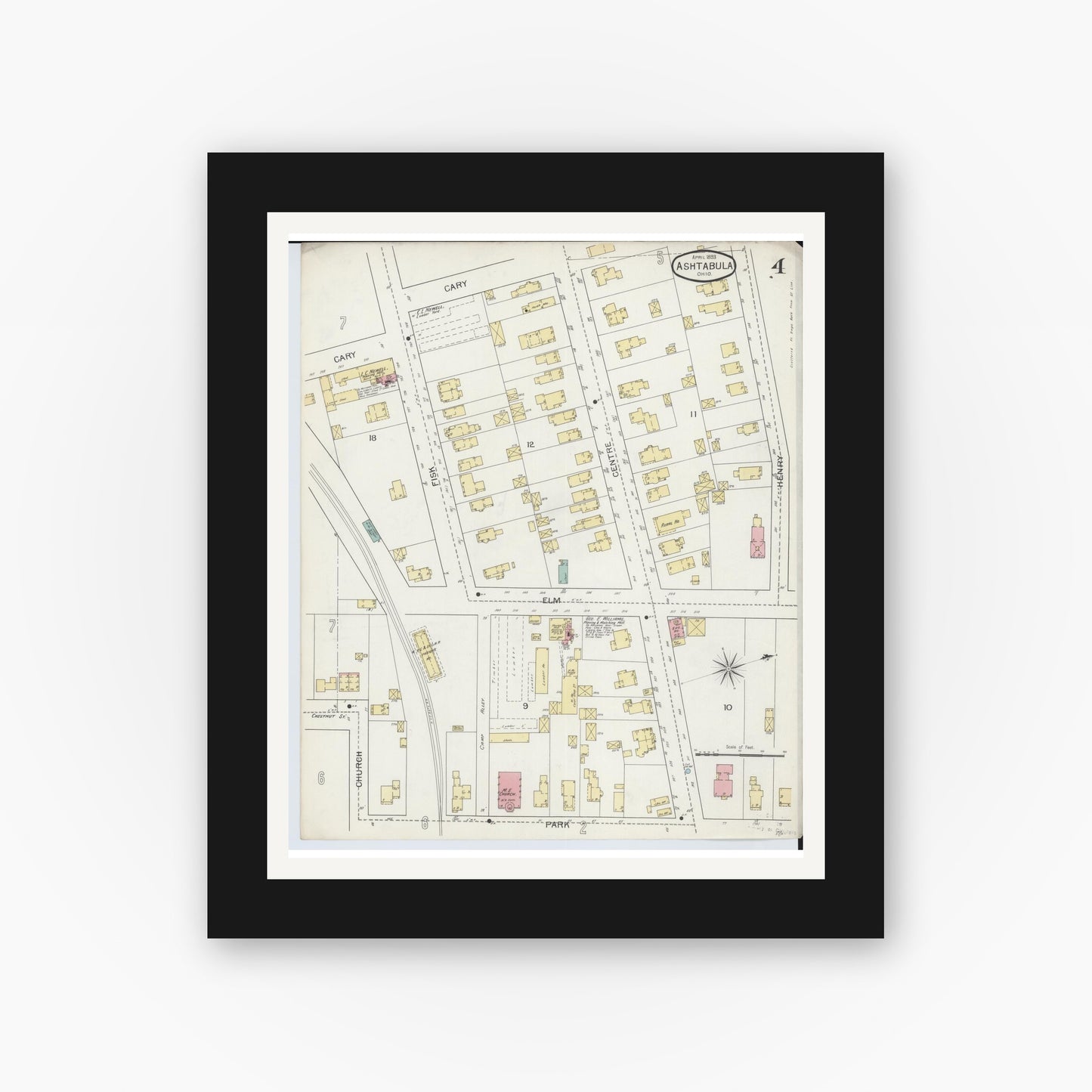 Old map wall art mockup — black gallery frame with white mat — Sanborn Fire Insurance Map from Ashtabula, Ashtabula County, Ohio (1893), Sheet #0004