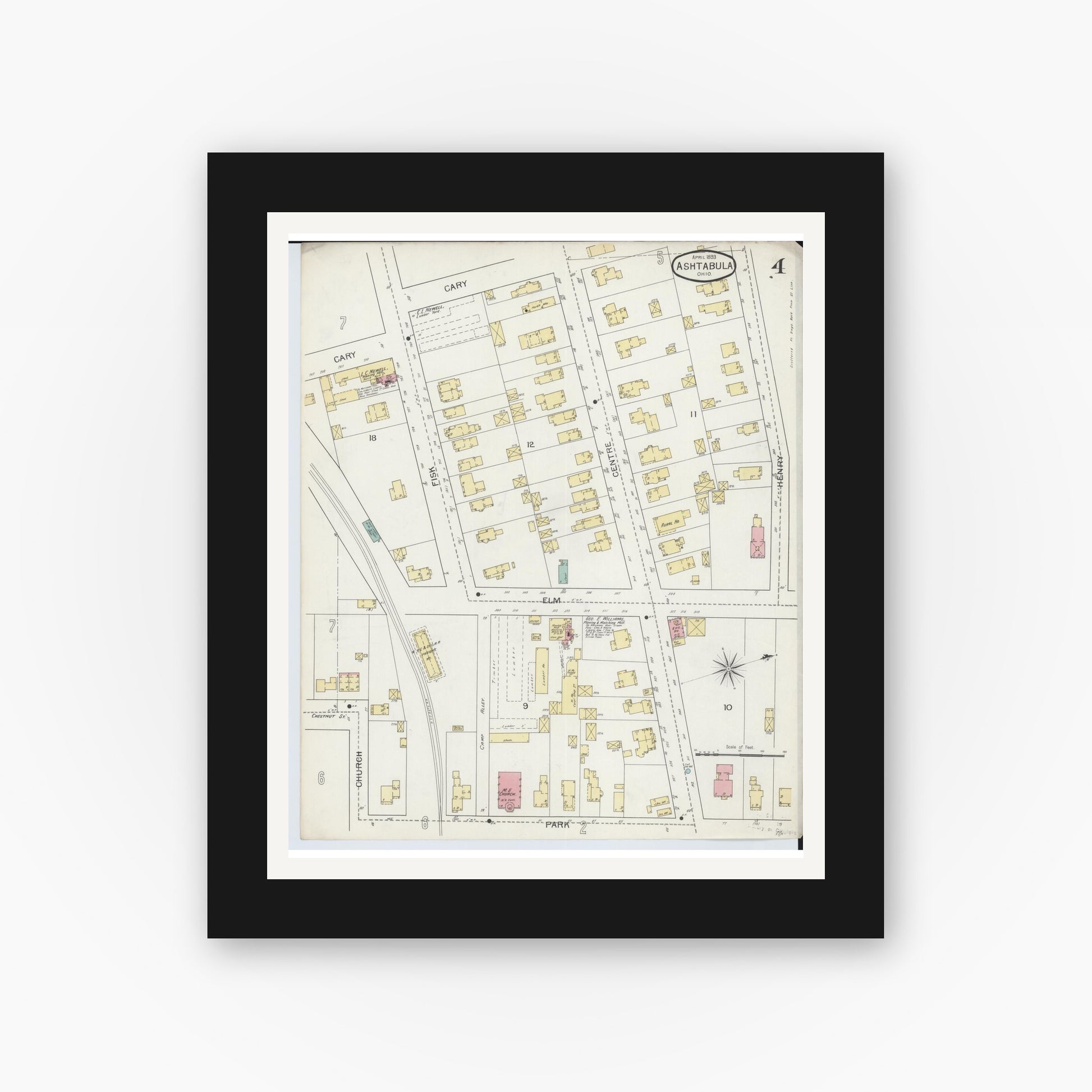 Old map wall art mockup — black gallery frame with white mat — Sanborn Fire Insurance Map from Ashtabula, Ashtabula County, Ohio (1893), Sheet #0004