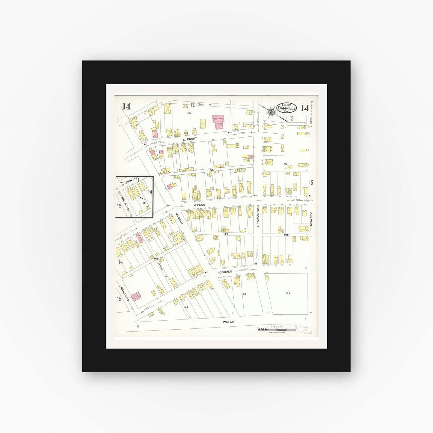Old map wall art mockup — black gallery frame with white mat — Sanborn Fire Insurance Map from Danville, Montour County, Pennsylvania (1923), Sheet #0014