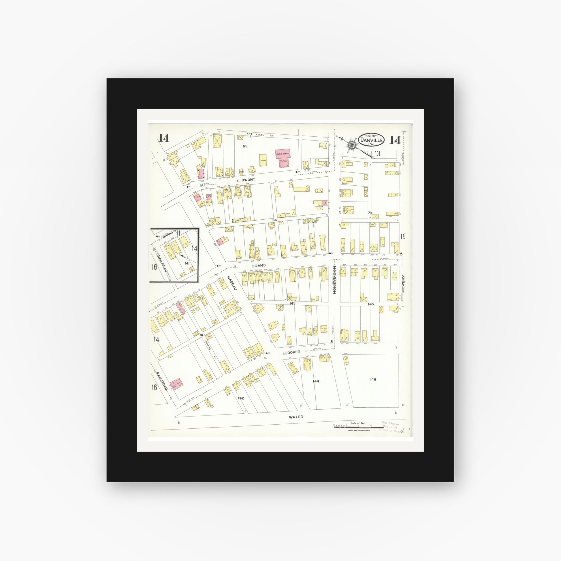 Old map wall art mockup — black gallery frame with white mat — Sanborn Fire Insurance Map from Danville, Montour County, Pennsylvania (1923), Sheet #0014