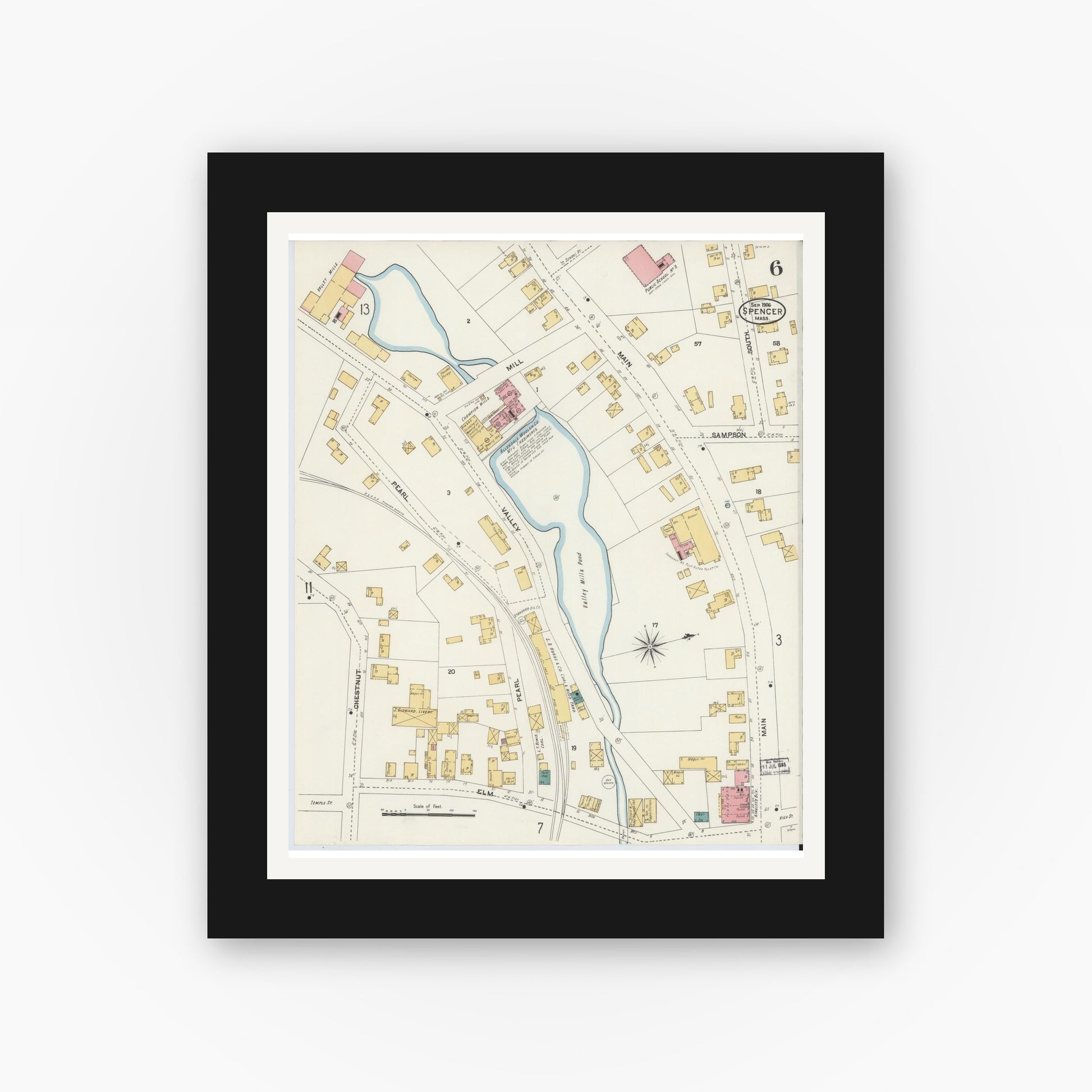 Old map wall art mockup — black gallery frame with white mat — Sanborn Fire Insurance Map from Spencer, Worcester County, Massachusetts (1906), Sheet #0006