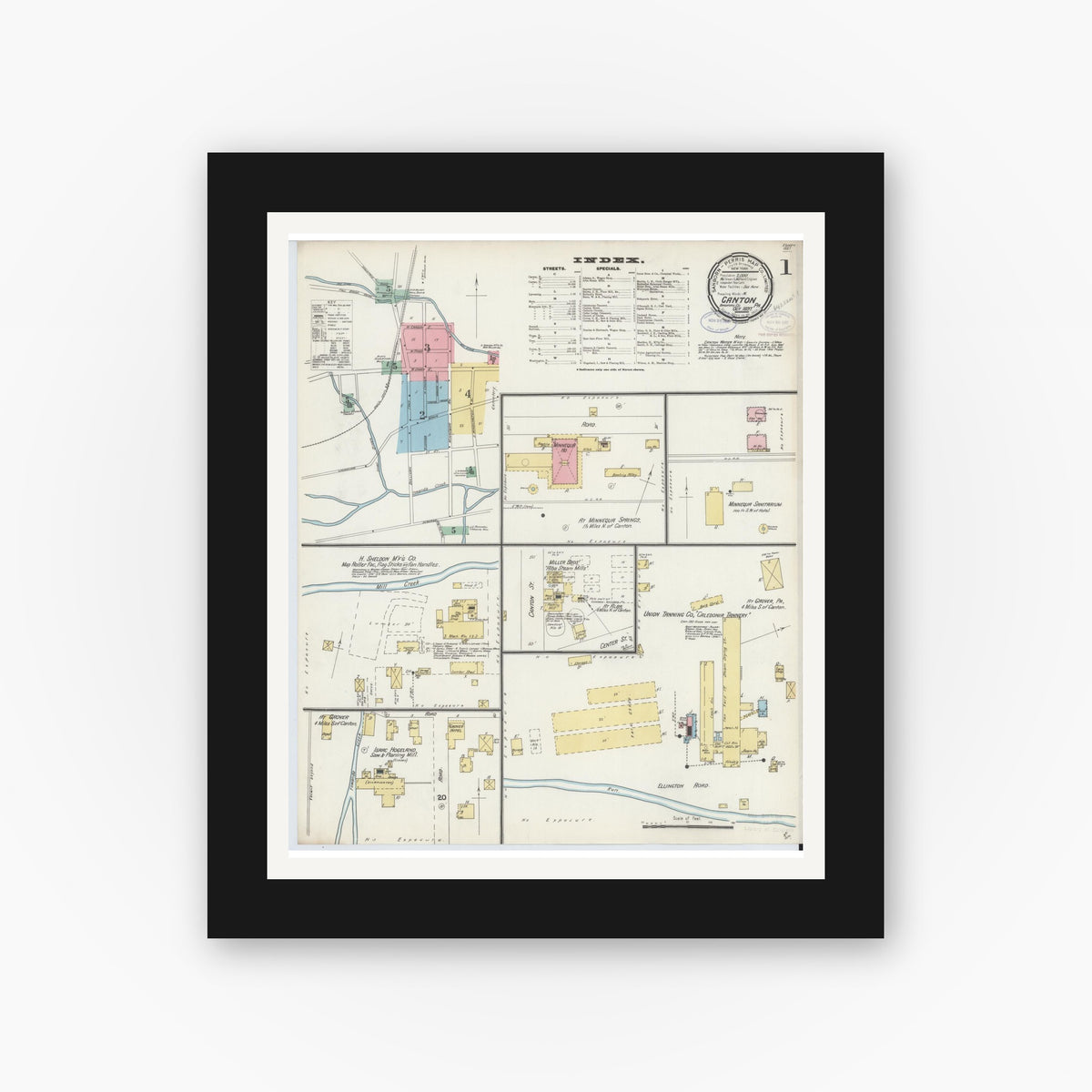 Old map wall art mockup — black gallery frame with white mat — Sanborn Fire Insurance Map from Canton, Bradford County, Pennsylvania (1897) - Complete Map Set