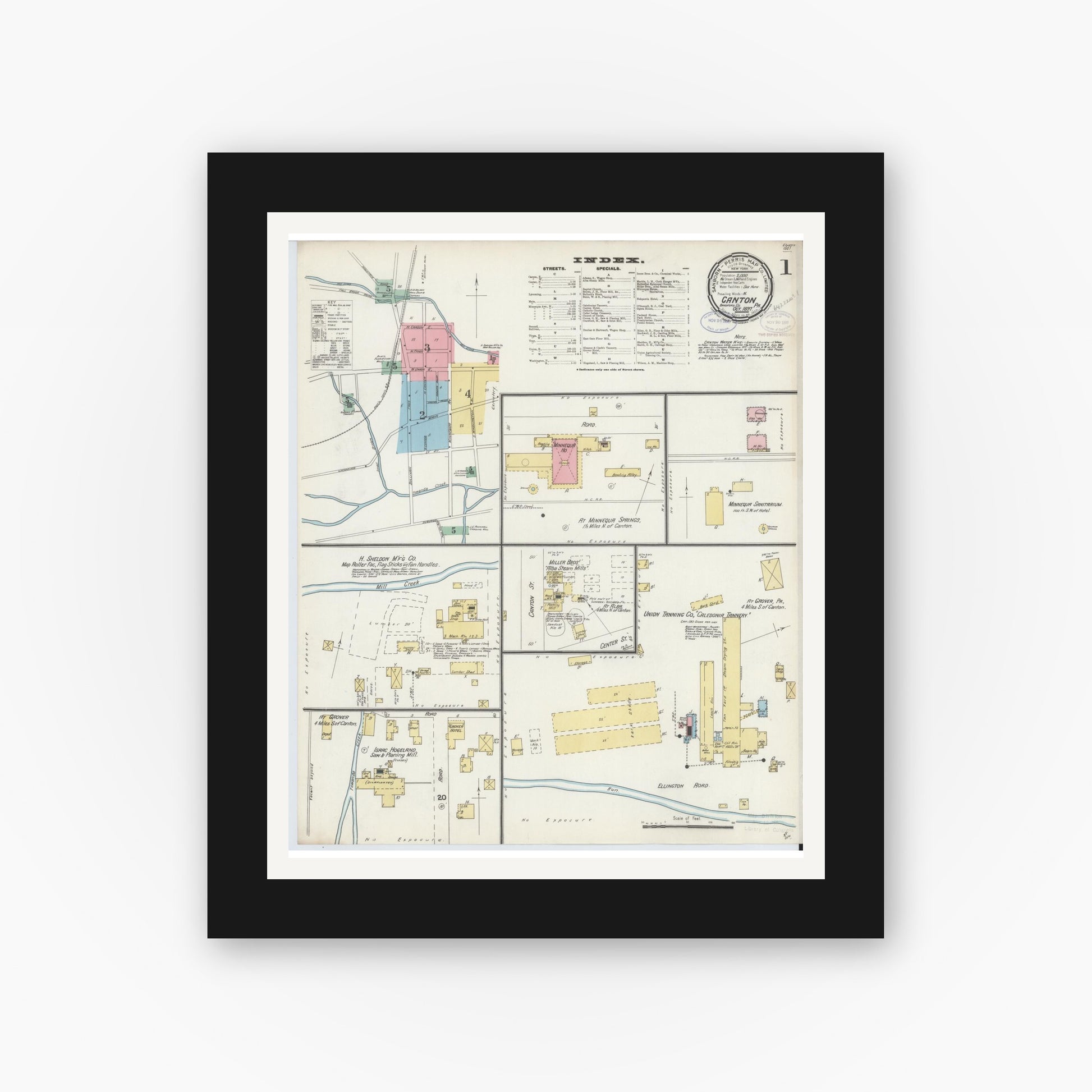 Old map wall art mockup — black gallery frame with white mat — Sanborn Fire Insurance Map from Canton, Bradford County, Pennsylvania (1897) - Complete Map Set