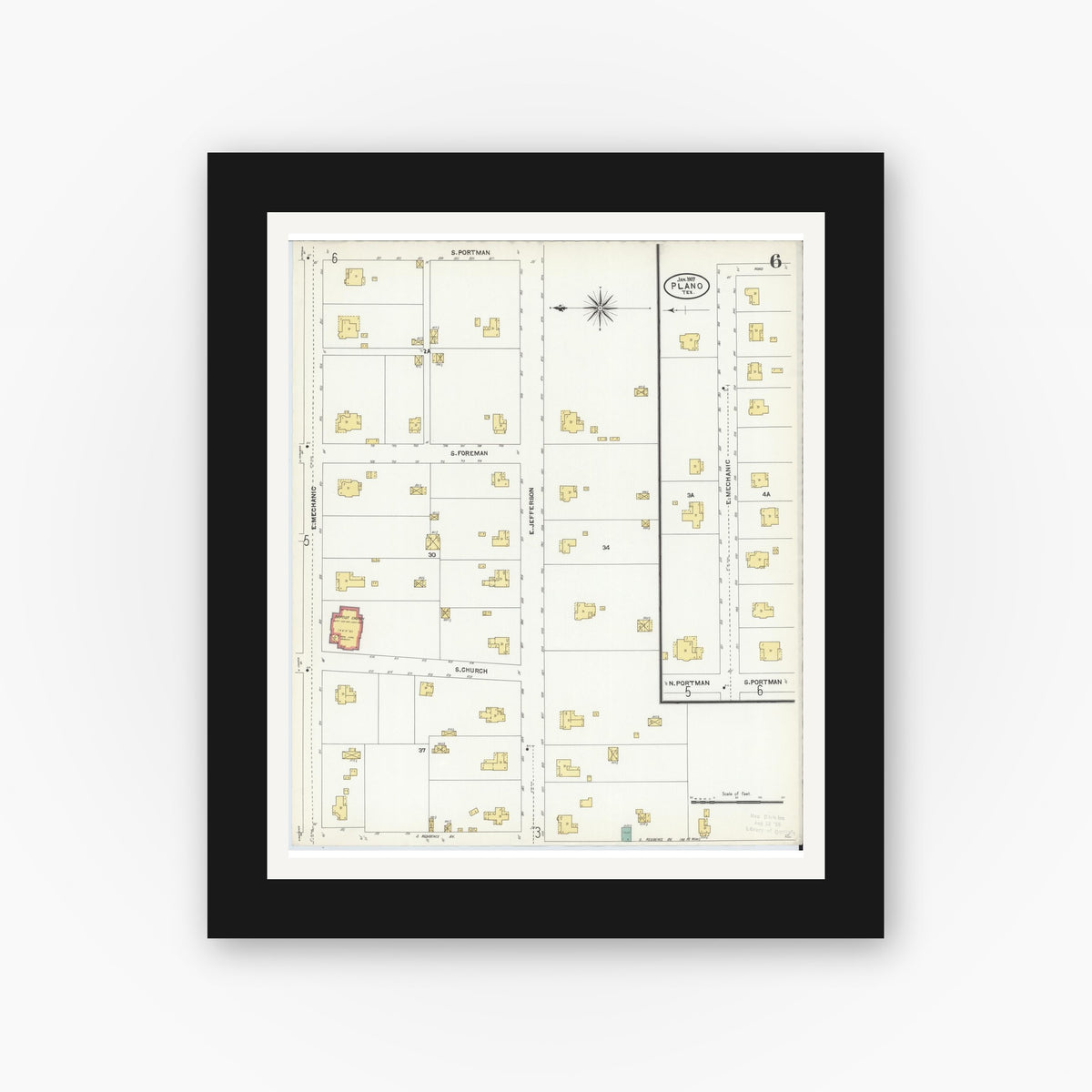 Old map wall art mockup — black gallery frame with white mat — Sanborn Fire Insurance Map from Plano, Collin County, Texas (1907), Sheet #0006