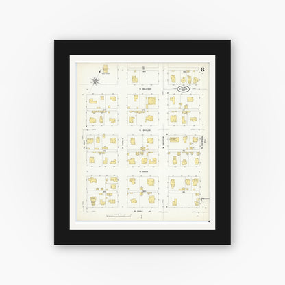 Old map wall art mockup — black gallery frame with white mat — Sanborn Fire Insurance Map from Ennis, Ellis County, Texas (1909), Sheet #0008