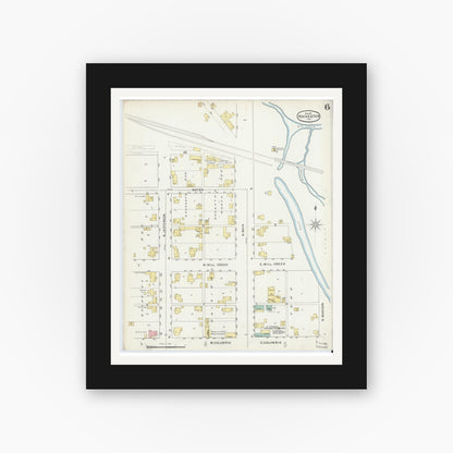 Old map wall art mockup — black gallery frame with white mat — Sanborn Fire Insurance Map from Rochester, Fulton County, Indiana (1895), Sheet #0006