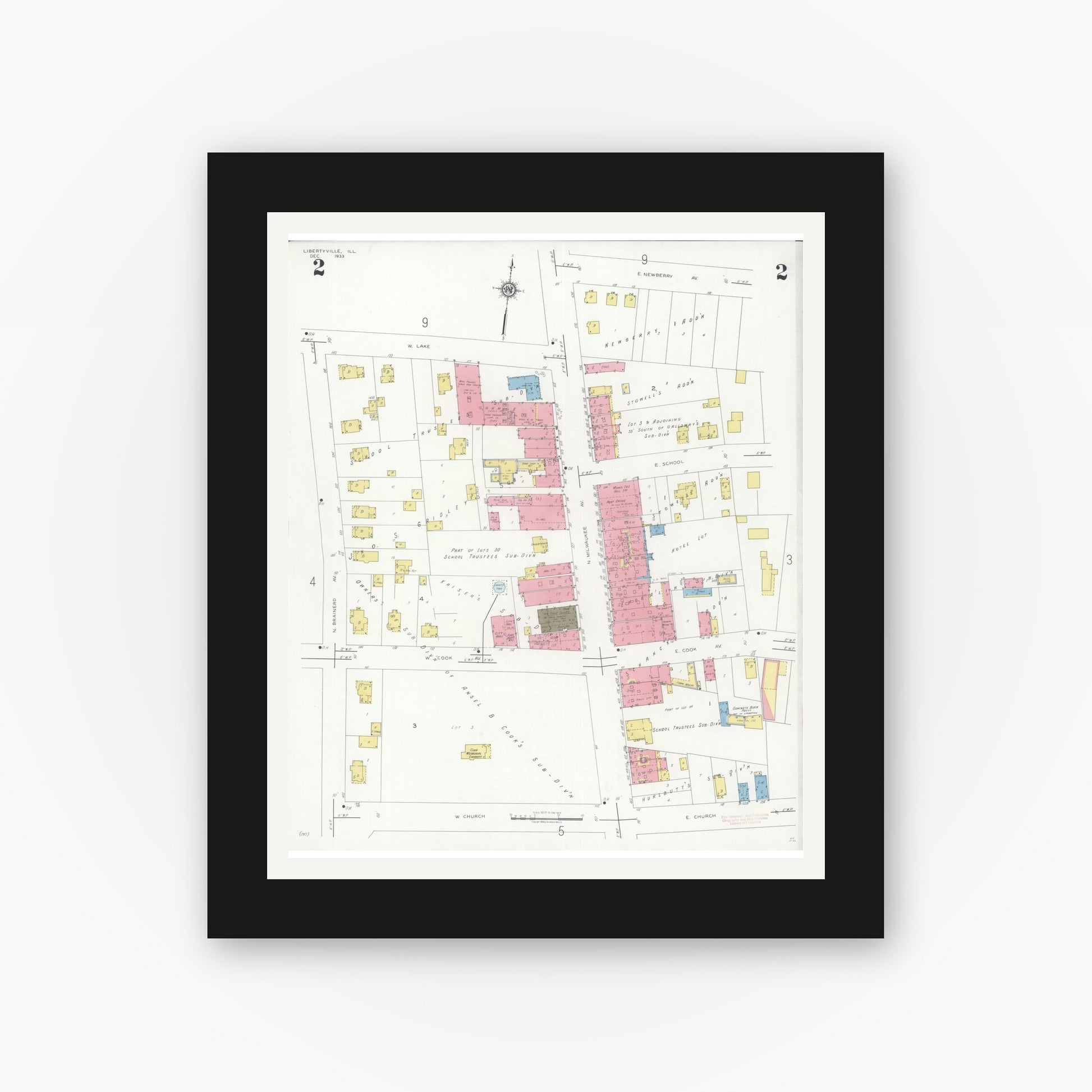 Old map wall art mockup — black gallery frame with white mat — Sanborn Fire Insurance Map from Libertyville, Lake County, Illinois (1933), Sheet #0002