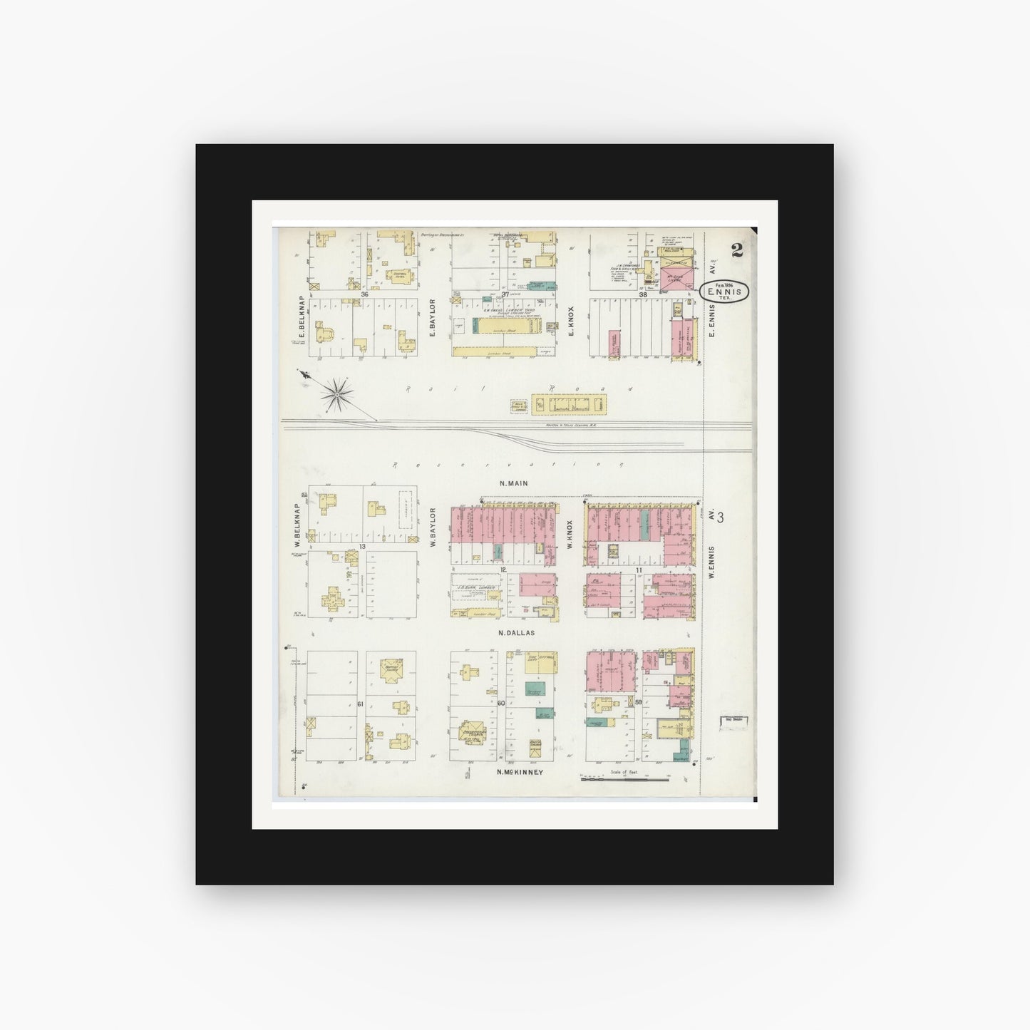 Old map wall art mockup — black gallery frame with white mat — Sanborn Fire Insurance Map from Ennis, Ellis County, Texas (1896), Sheet #0002