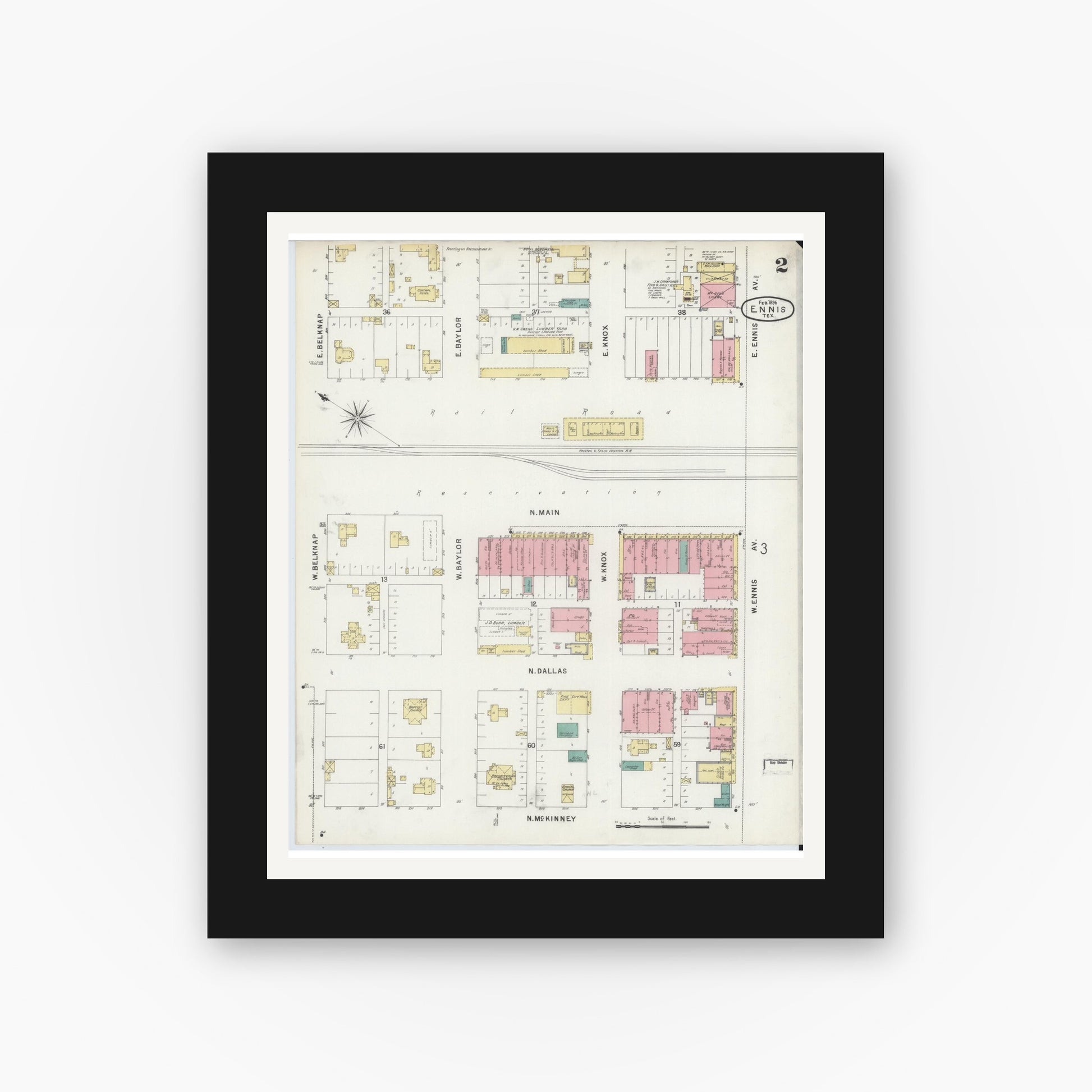 Old map wall art mockup — black gallery frame with white mat — Sanborn Fire Insurance Map from Ennis, Ellis County, Texas (1896), Sheet #0002