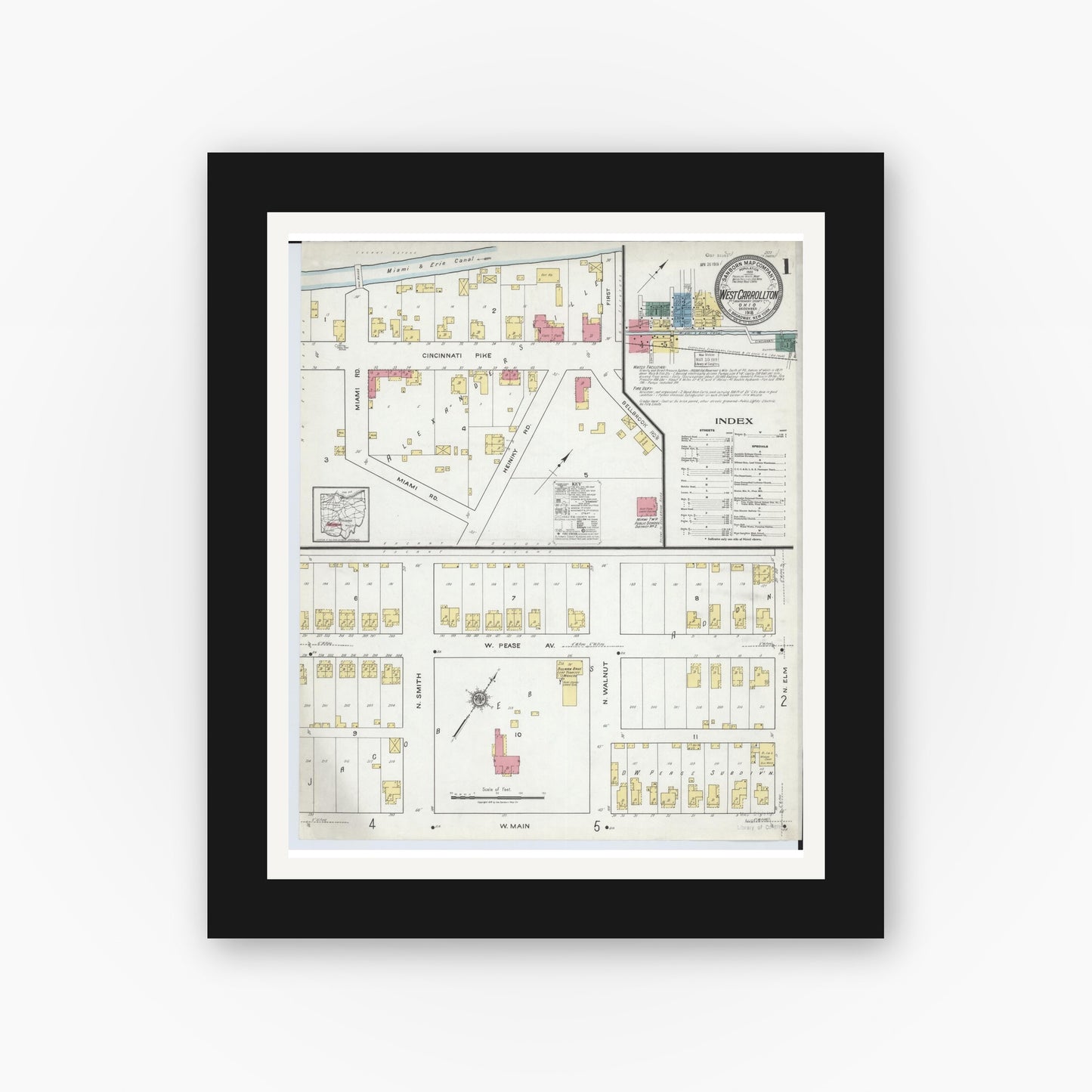 Old map wall art mockup — black gallery frame with white mat — Sanborn Fire Insurance Map from West Carrollton, Montgomery County, Ohio (1918) - Complete Map Set