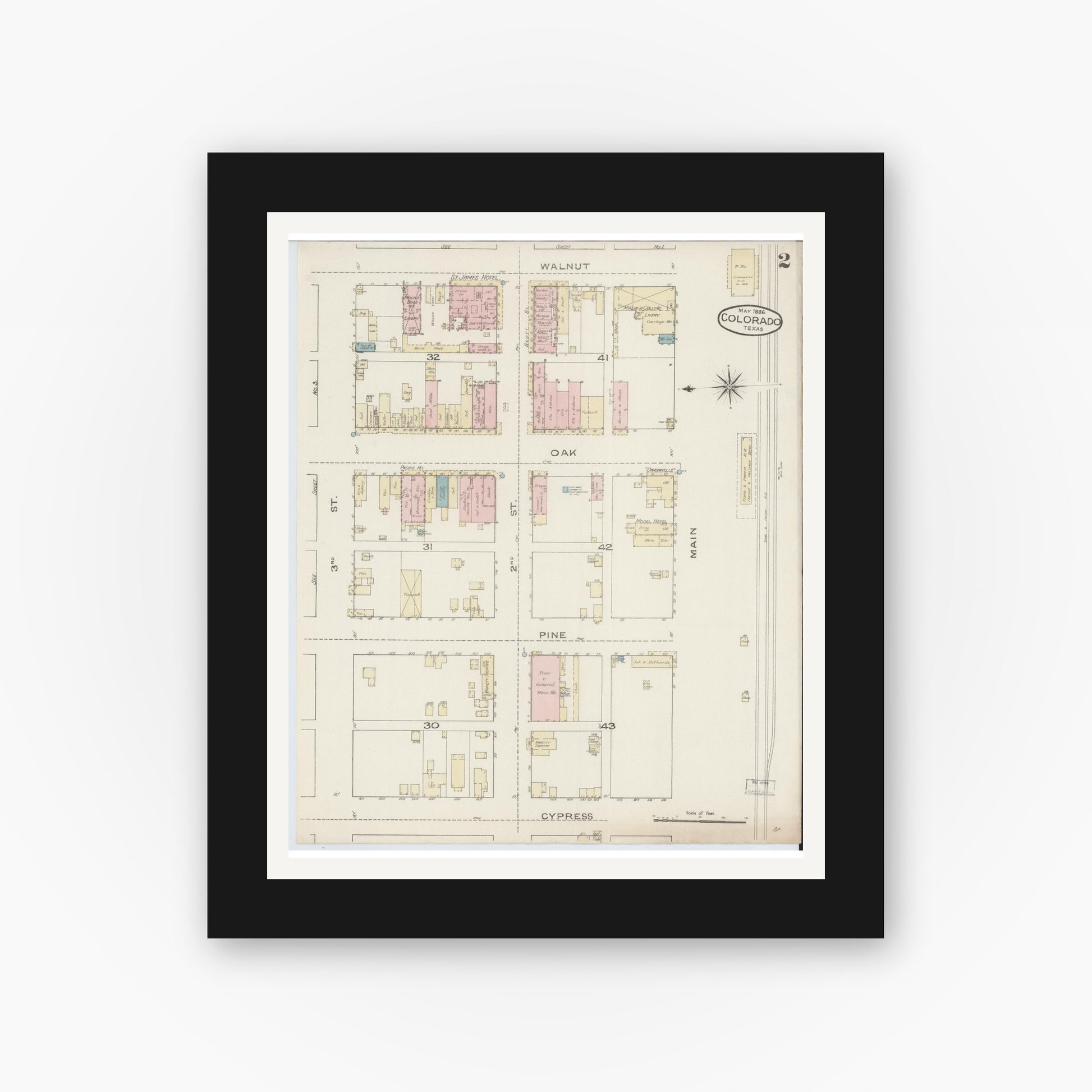 Old map wall art mockup — black gallery frame with white mat — Sanborn Fire Insurance Map from Colorado, Mitchell County, Texas (1886), Sheet #0002
