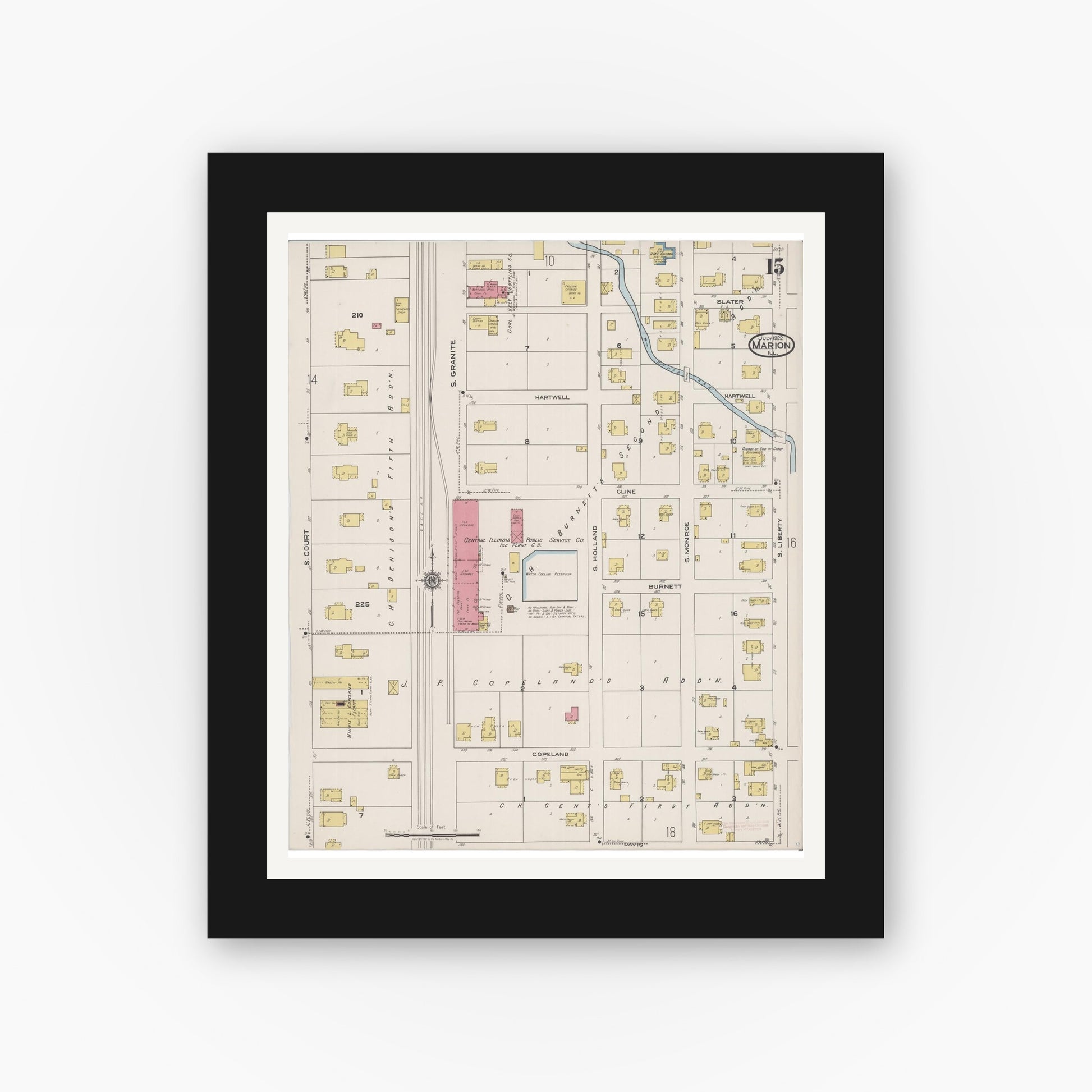 Old map wall art mockup — black gallery frame with white mat — Sanborn Fire Insurance Map from Marion, Williamson County, Illinois (1922), Sheet #0015