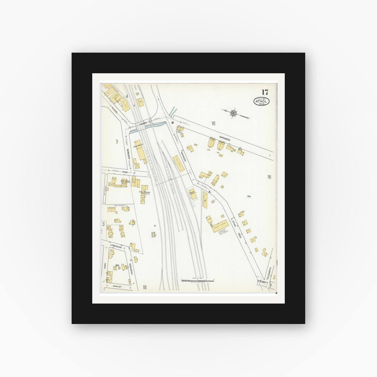 Old map wall art mockup — black gallery frame with white mat — Sanborn Fire Insurance Map from Athol, Worcester County, Massachusetts (1917), Sheet #0017