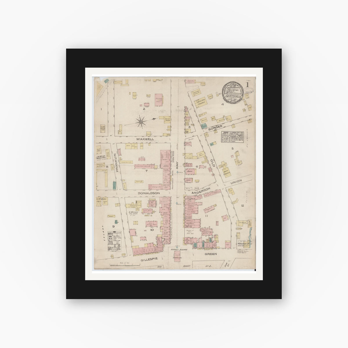 Old map wall art mockup — black gallery frame with white mat — Sanborn Fire Insurance Map from Fayetteville, Cumberland County, North Carolina (1885) - Complete Map Set