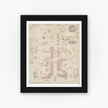 Old map wall art mockup — black gallery frame with white mat — Sanborn Fire Insurance Map from Fayetteville, Cumberland County, North Carolina (1885) - Complete Map Set