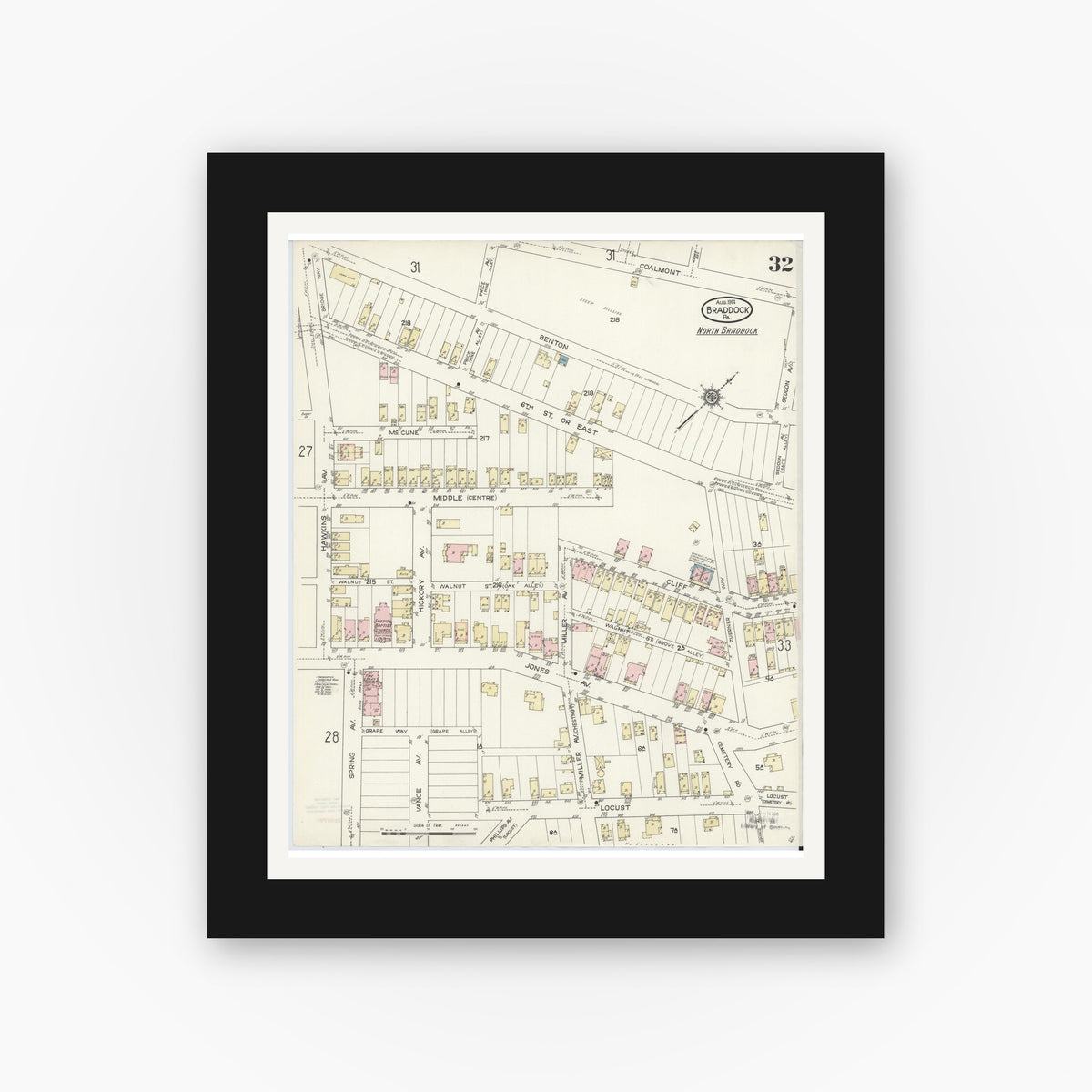 Old map wall art mockup — black gallery frame with white mat — Sanborn Fire Insurance Map from Braddock, Allegheny County, Pennsylvania (1914), Sheet #0032