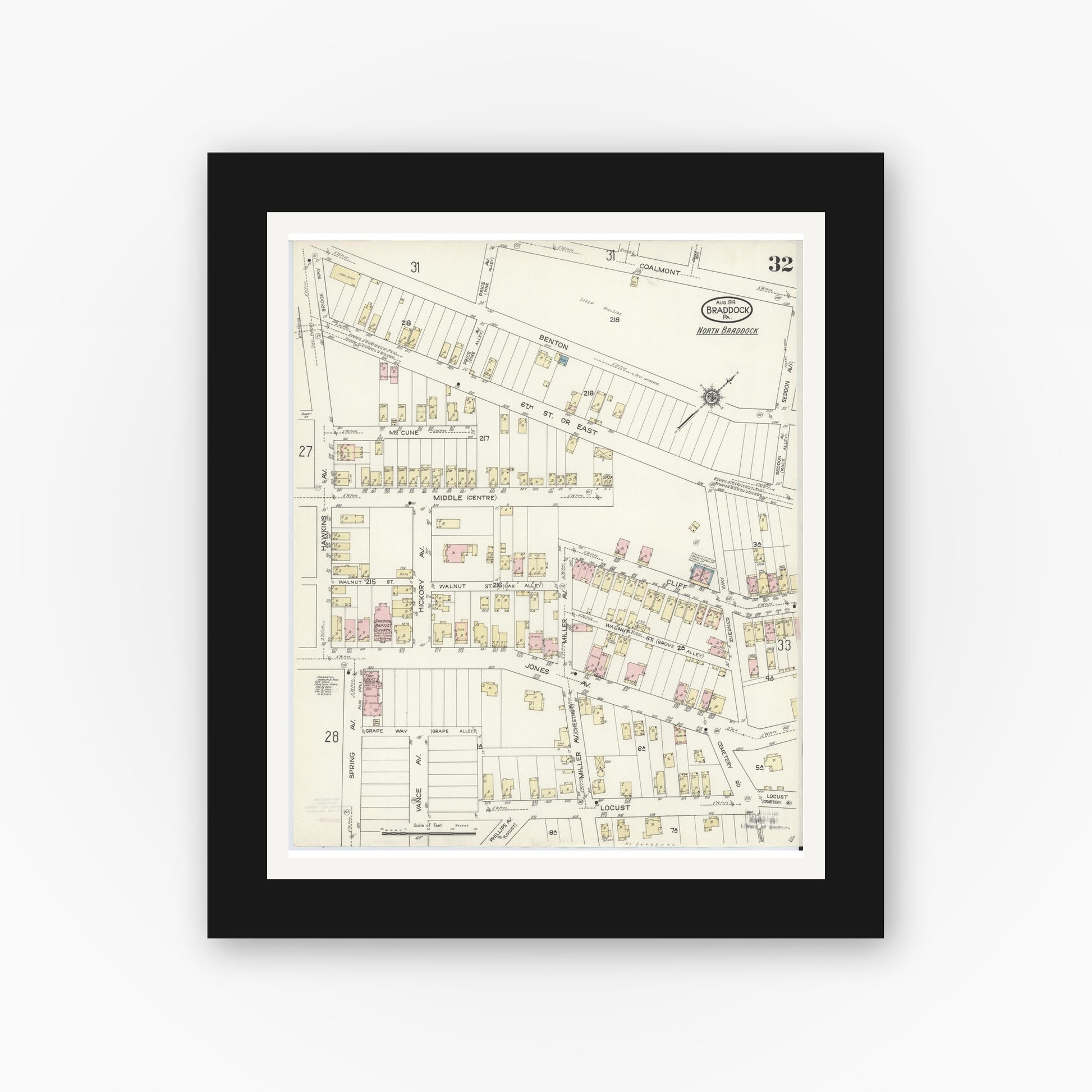 Old map wall art mockup — black gallery frame with white mat — Sanborn Fire Insurance Map from Braddock, Allegheny County, Pennsylvania (1914), Sheet #0032