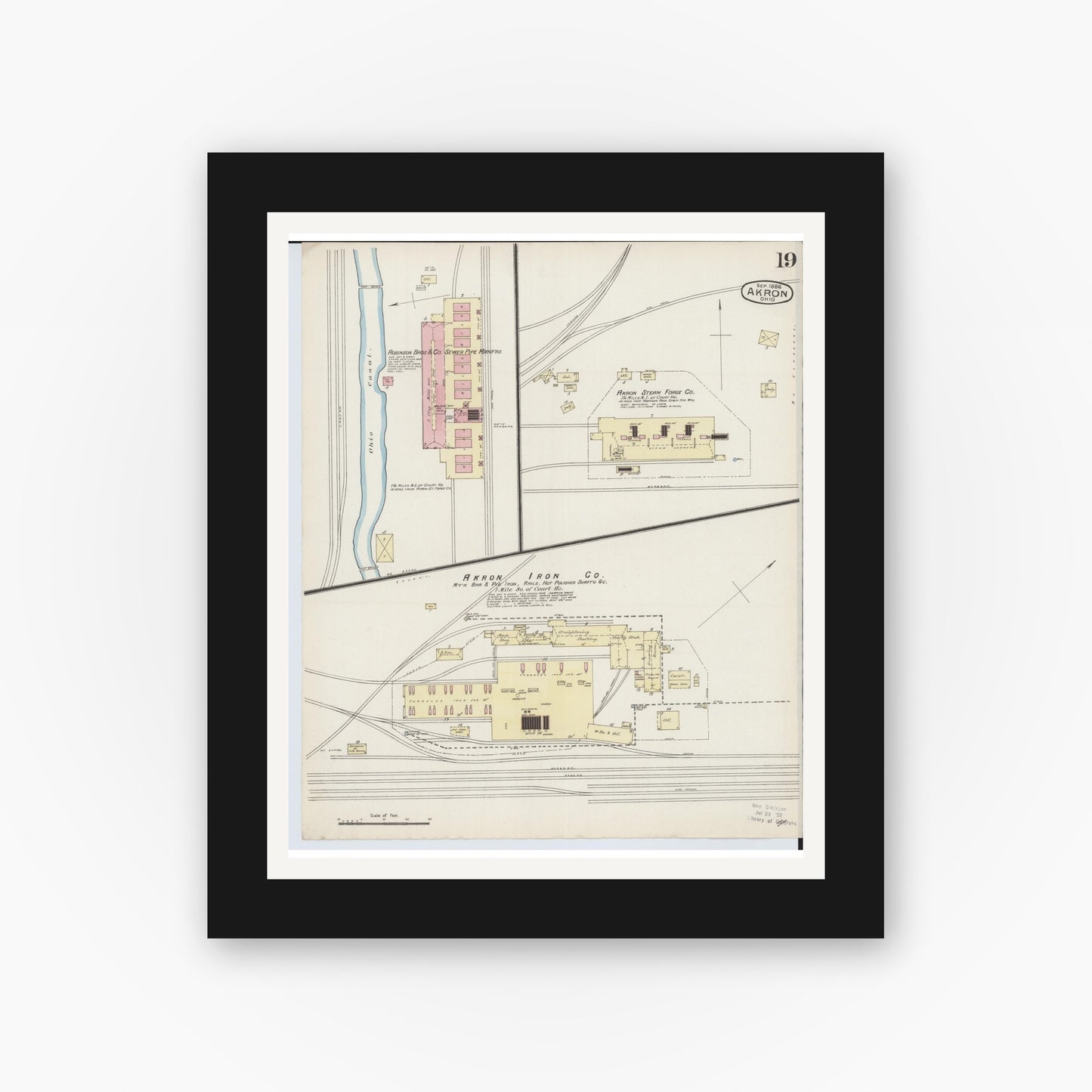 Old map wall art mockup — black gallery frame with white mat — Sanborn Fire Insurance Map from Akron, Summit County, Ohio (1886), Sheet #0019