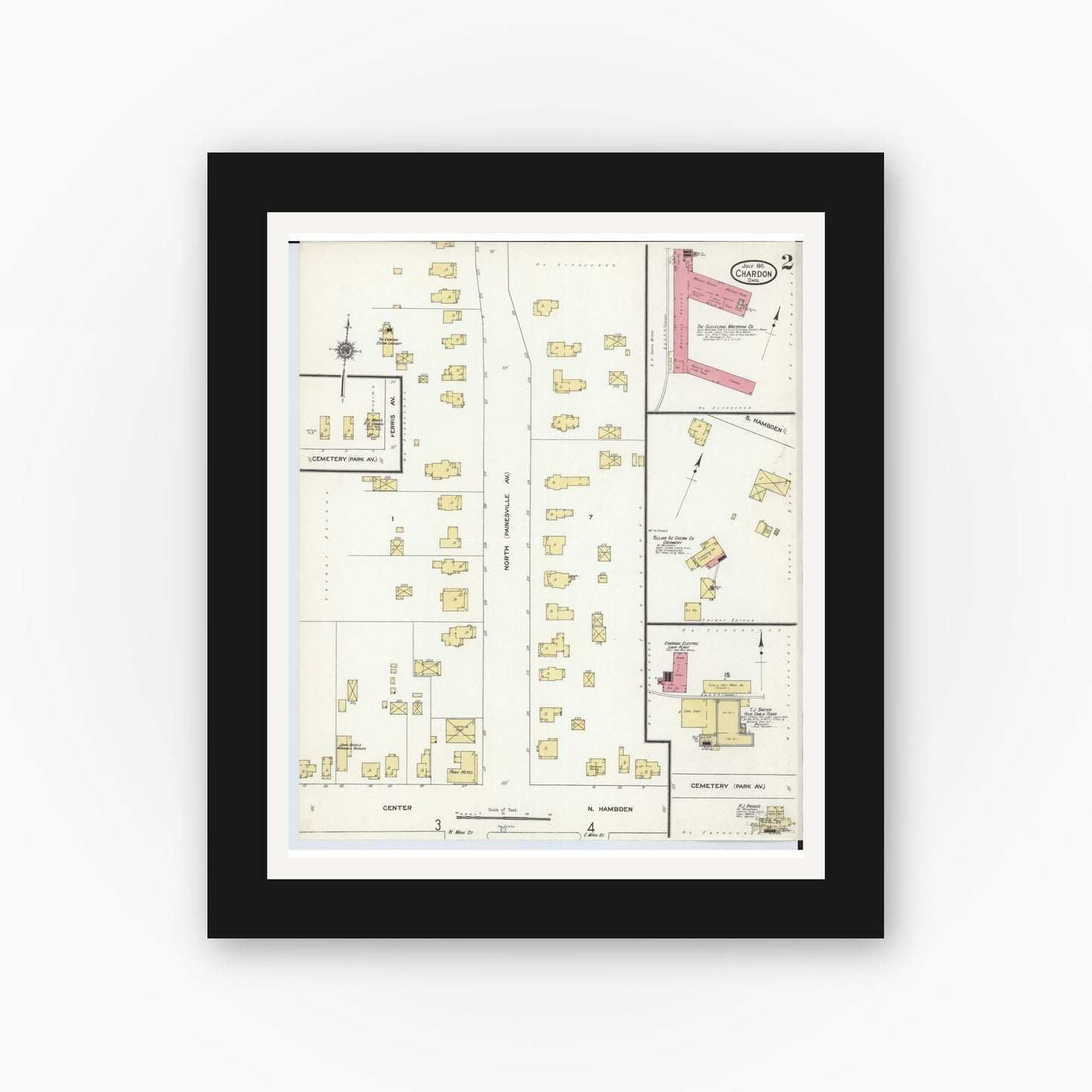 Old map wall art mockup — black gallery frame with white mat — Sanborn Fire Insurance Map from Chardon, Geauga County, Ohio (1911), Sheet #0002