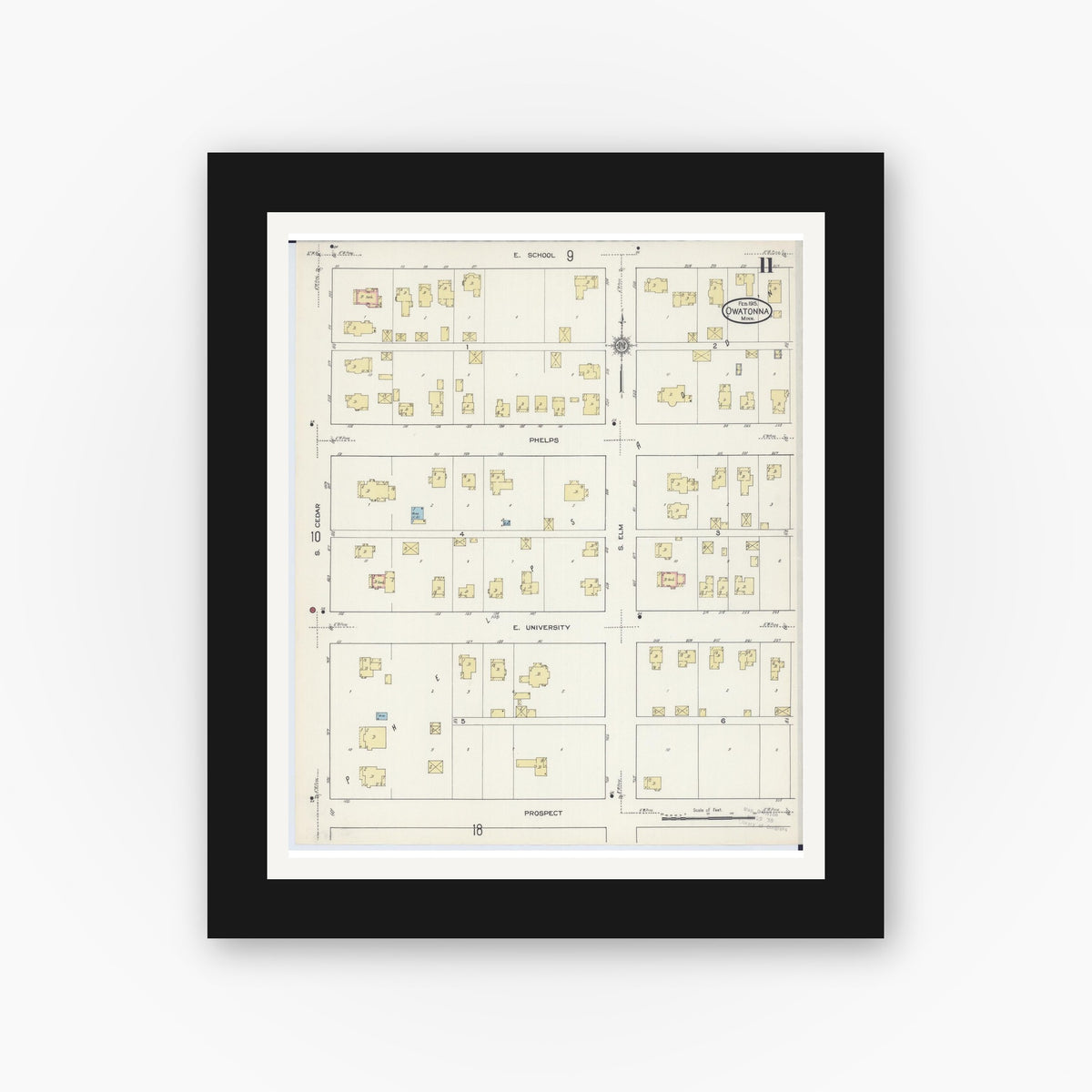 Old map wall art mockup — black gallery frame with white mat — Sanborn Fire Insurance Map from Owatonna, Steele County, Minnesota (1915), Sheet #0011