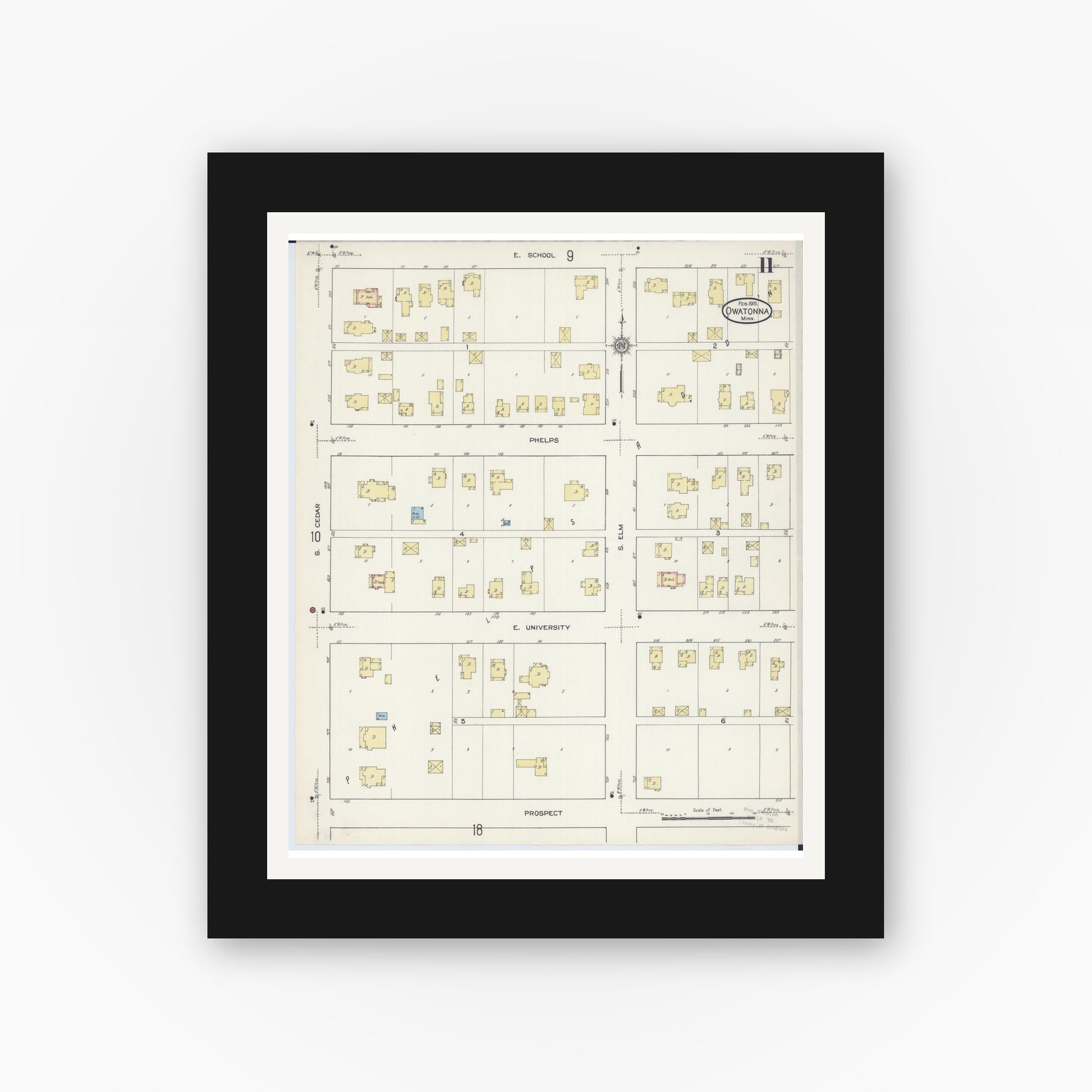 Old map wall art mockup — black gallery frame with white mat — Sanborn Fire Insurance Map from Owatonna, Steele County, Minnesota (1915), Sheet #0011
