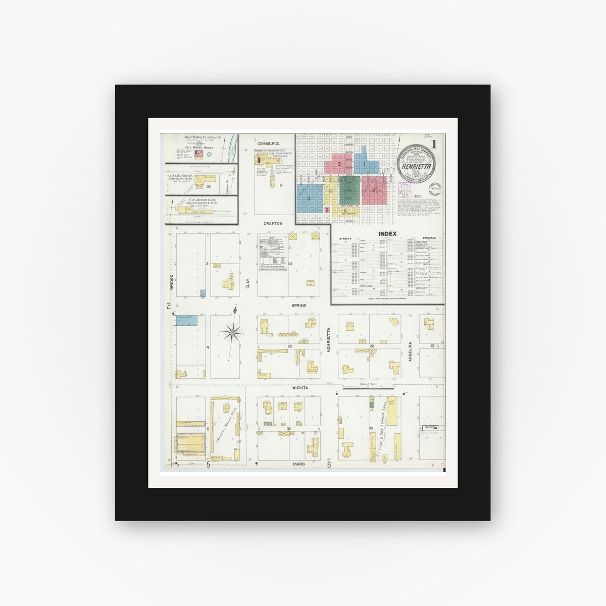 Old map wall art mockup — black gallery frame with white mat — Sanborn Fire Insurance Map from Henrietta, Clay County, Texas (1902), Sheet #0001