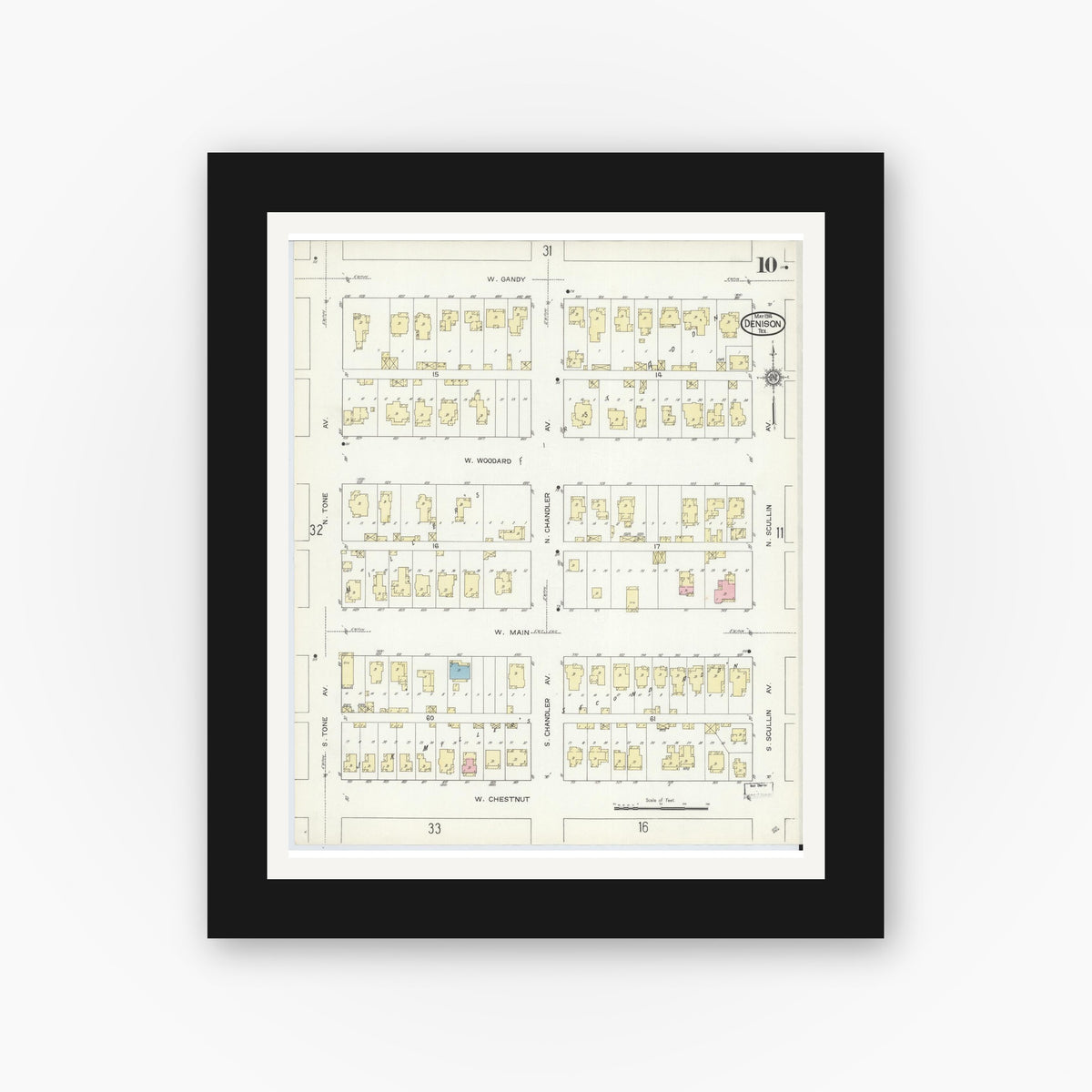 Old map wall art mockup — black gallery frame with white mat — Sanborn Fire Insurance Map from Denison, Grayson County, Texas (1914), Sheet #0010