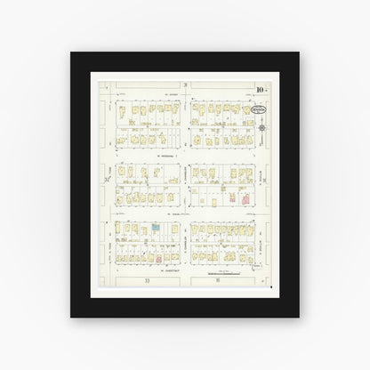 Old map wall art mockup — black gallery frame with white mat — Sanborn Fire Insurance Map from Denison, Grayson County, Texas (1914), Sheet #0010