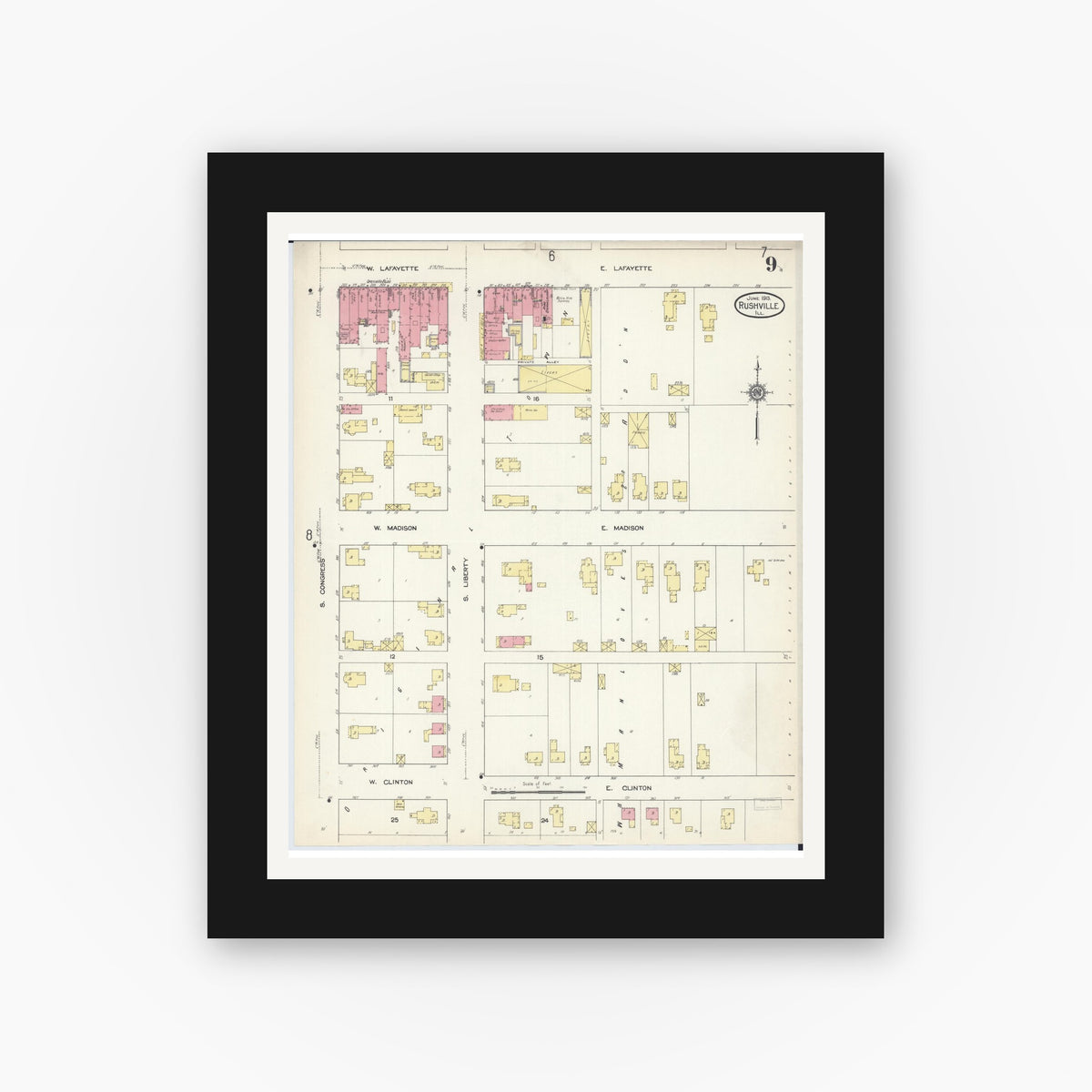 Old map wall art mockup — black gallery frame with white mat — Sanborn Fire Insurance Map from Rushville, Schuyler County, Illinois (1913), Sheet #0009