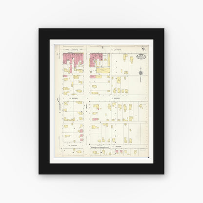 Old map wall art mockup — black gallery frame with white mat — Sanborn Fire Insurance Map from Rushville, Schuyler County, Illinois (1913), Sheet #0009