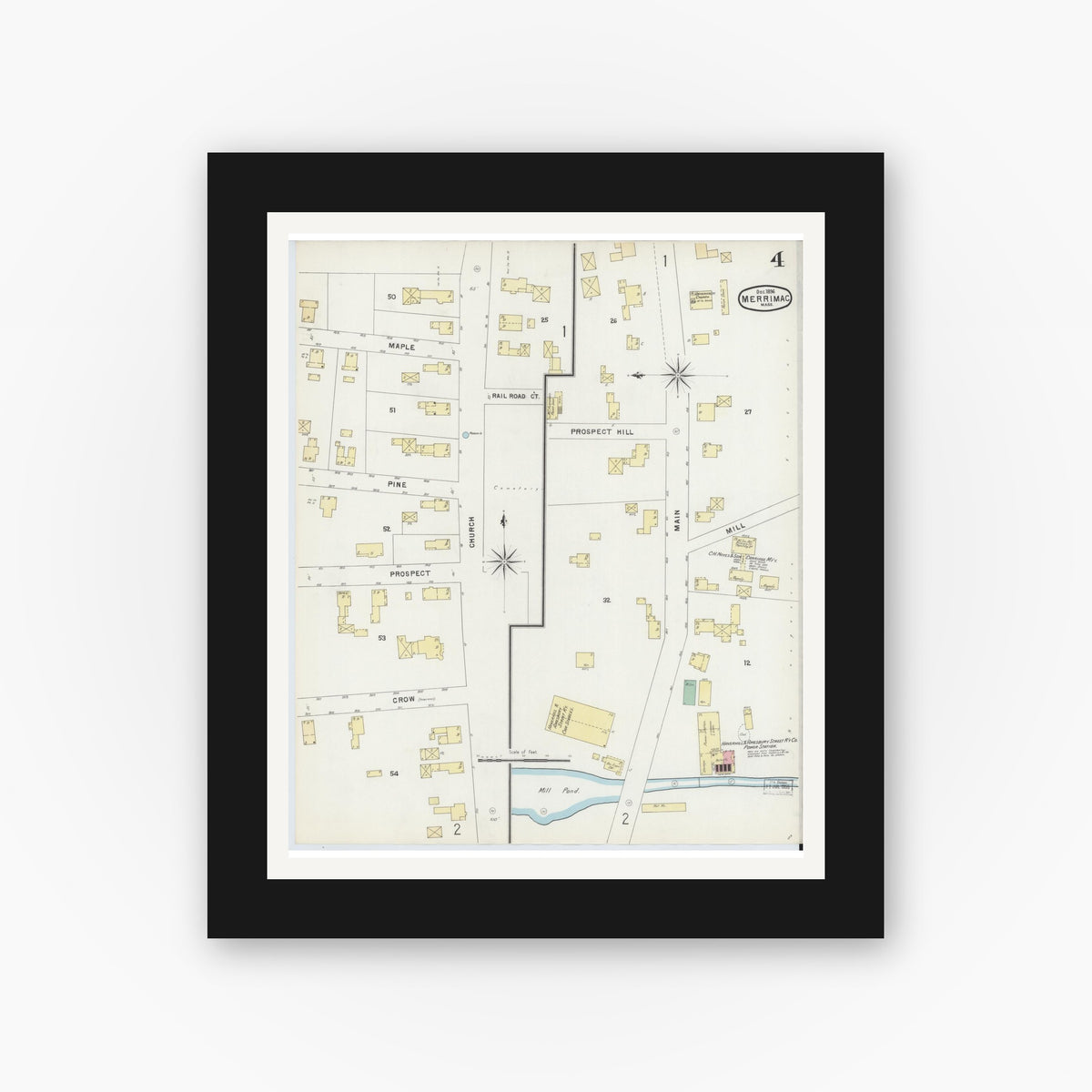 Old map wall art mockup — black gallery frame with white mat — Sanborn Fire Insurance Map from Merrimac, Essex County, Massachusetts (1896), Sheet #0004