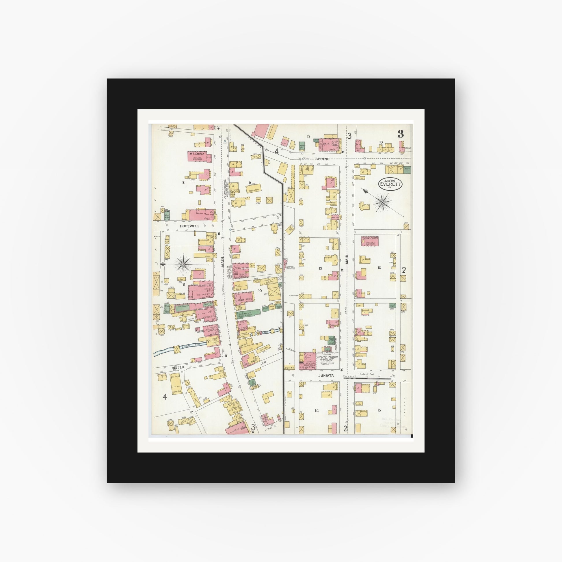 Old map wall art mockup — black gallery frame with white mat — Sanborn Fire Insurance Map from Everett, Bedford County, Pennsylvania (1900), Sheet #0003