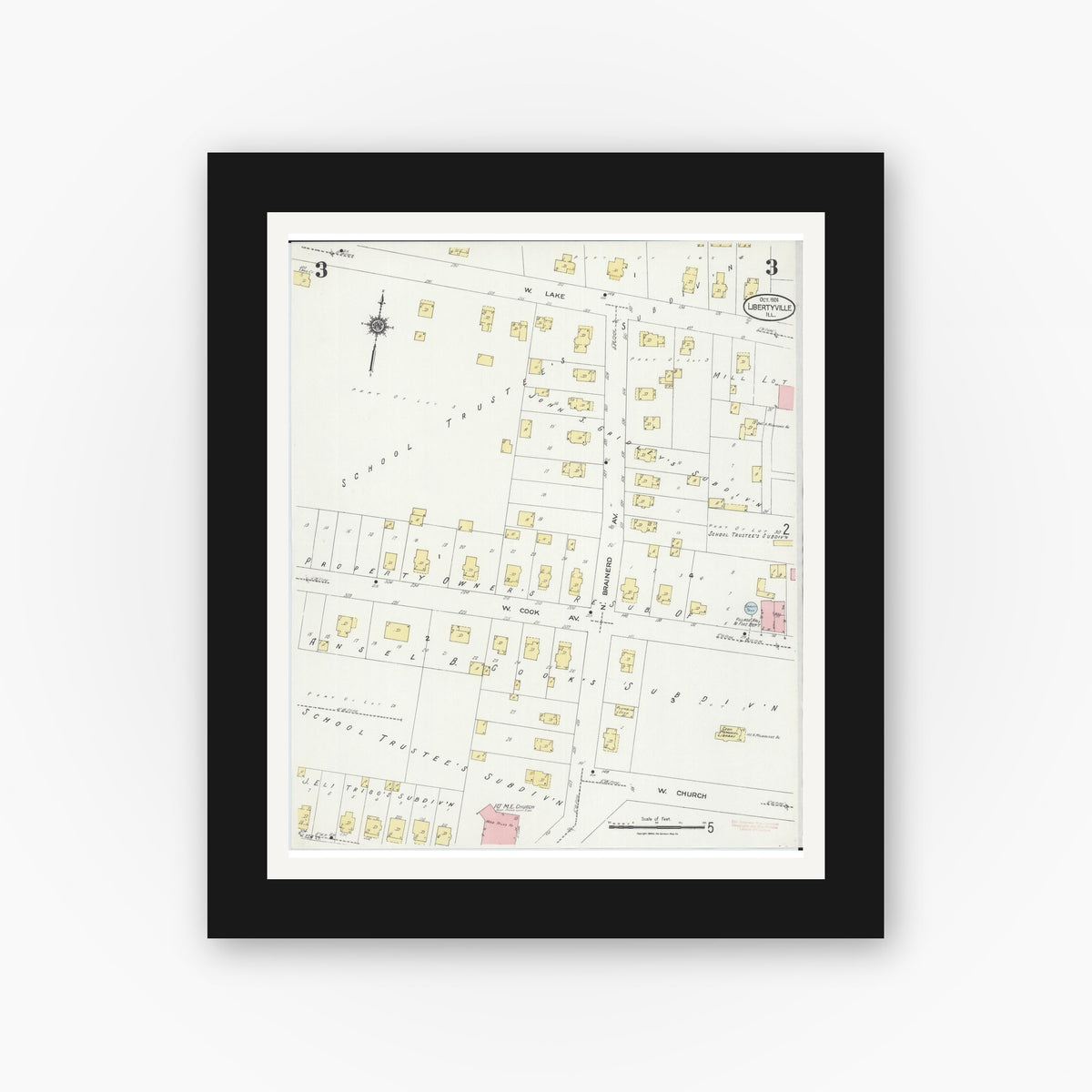 Old map wall art mockup — black gallery frame with white mat — Sanborn Fire Insurance Map from Libertyville, Lake County, Illinois (1924), Sheet #0003