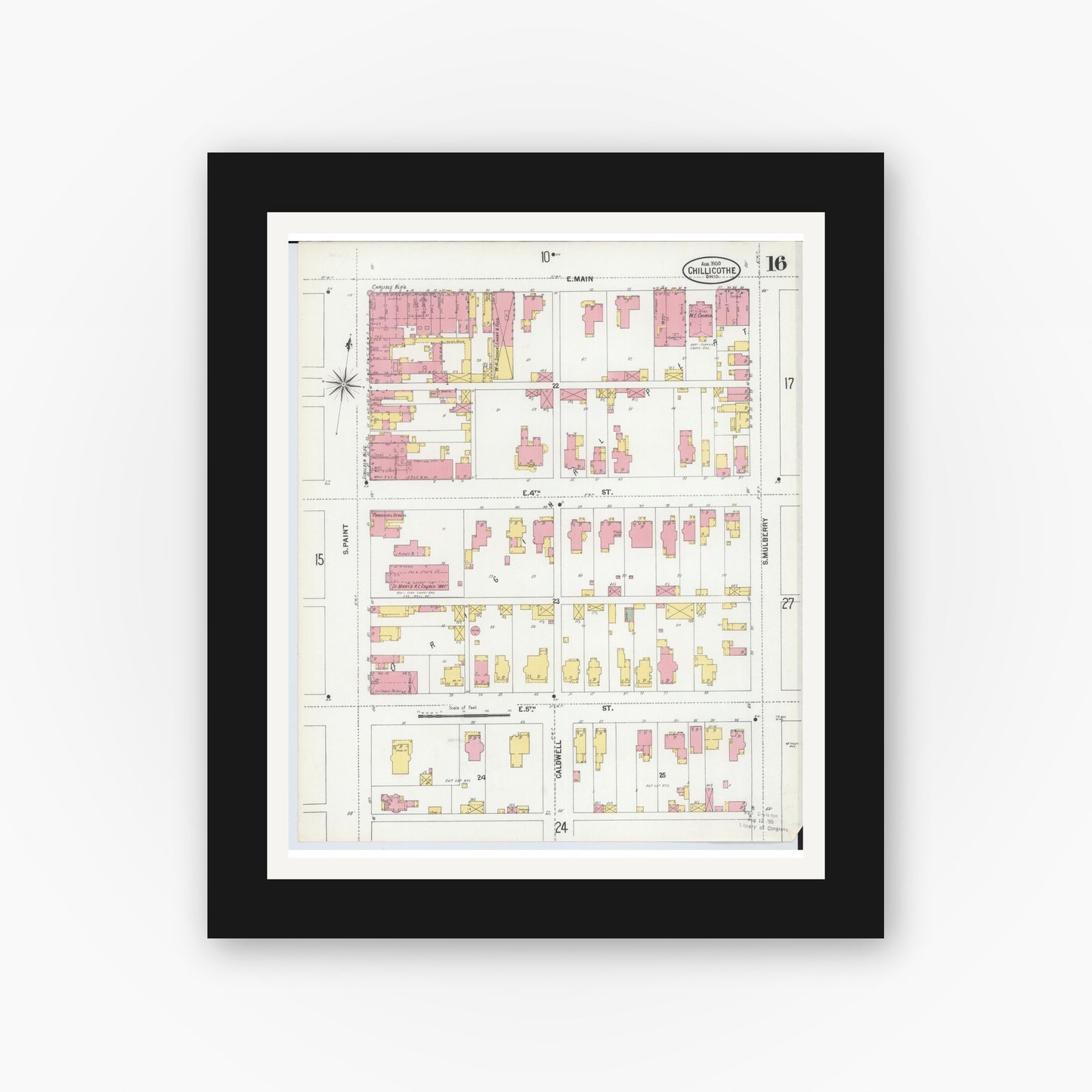 Old map wall art mockup — black gallery frame with white mat — Sanborn Fire Insurance Map from Chillicothe, Ross County, Ohio (1900), Sheet #0016