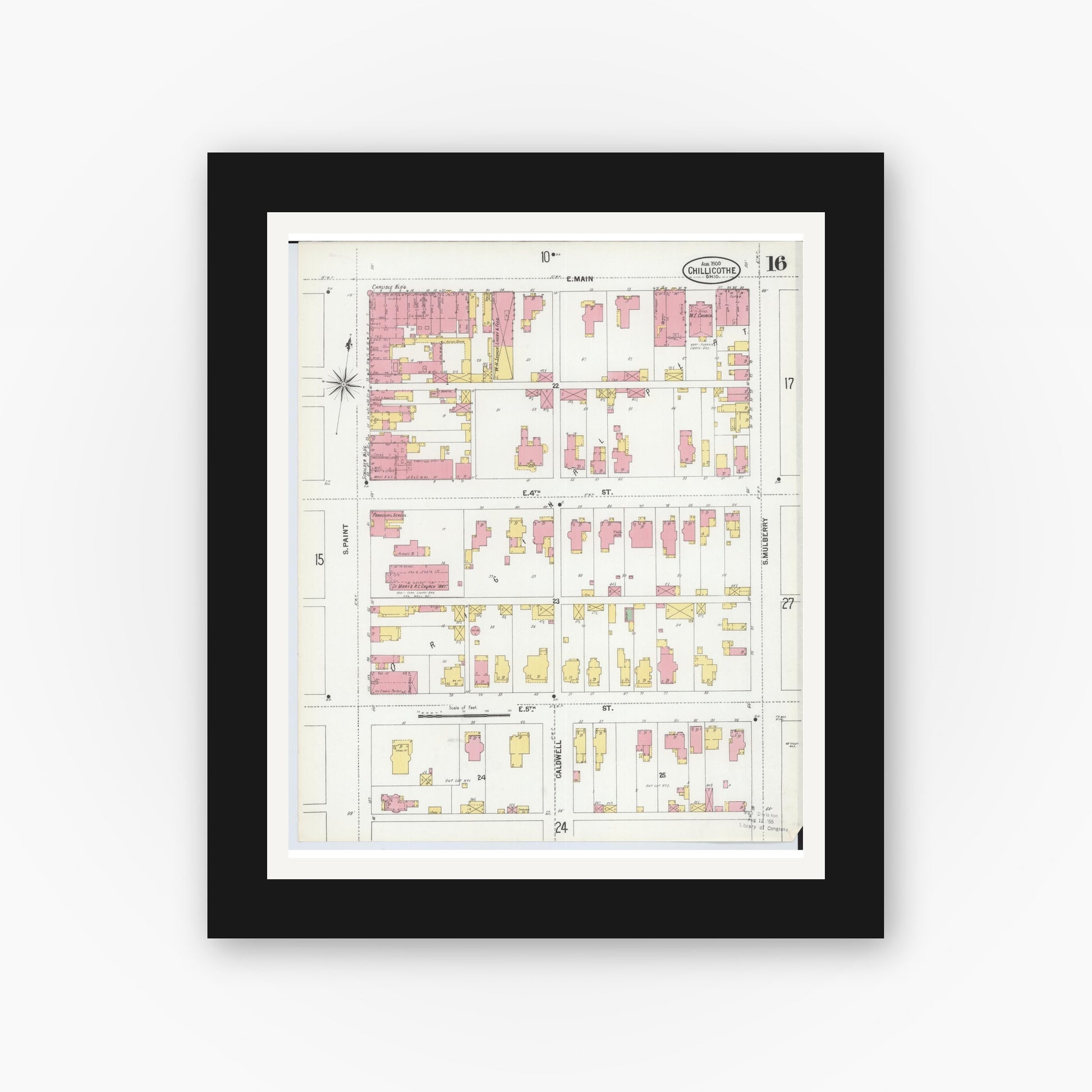 Old map wall art mockup — black gallery frame with white mat — Sanborn Fire Insurance Map from Chillicothe, Ross County, Ohio (1900), Sheet #0016