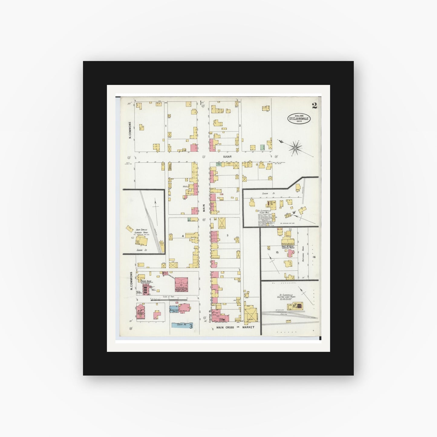 Old map wall art mockup — black gallery frame with white mat — Sanborn Fire Insurance Map from Saint Clairsville, Belmont County, Ohio (1899), Sheet #0002